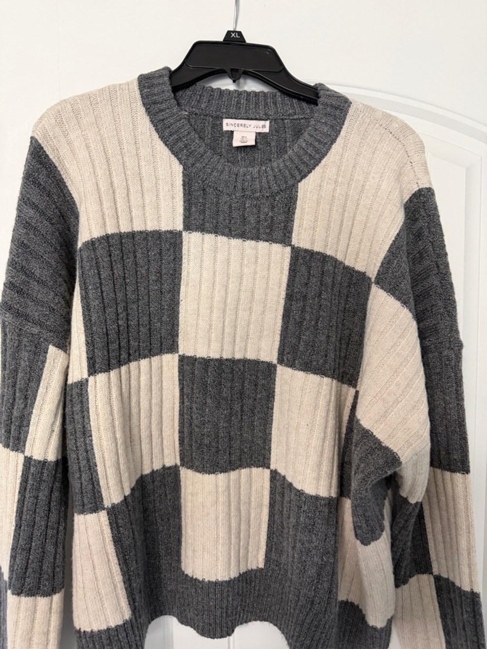 Sincerely Jules Gray and Cream Checkerboard Ribbed Sweater